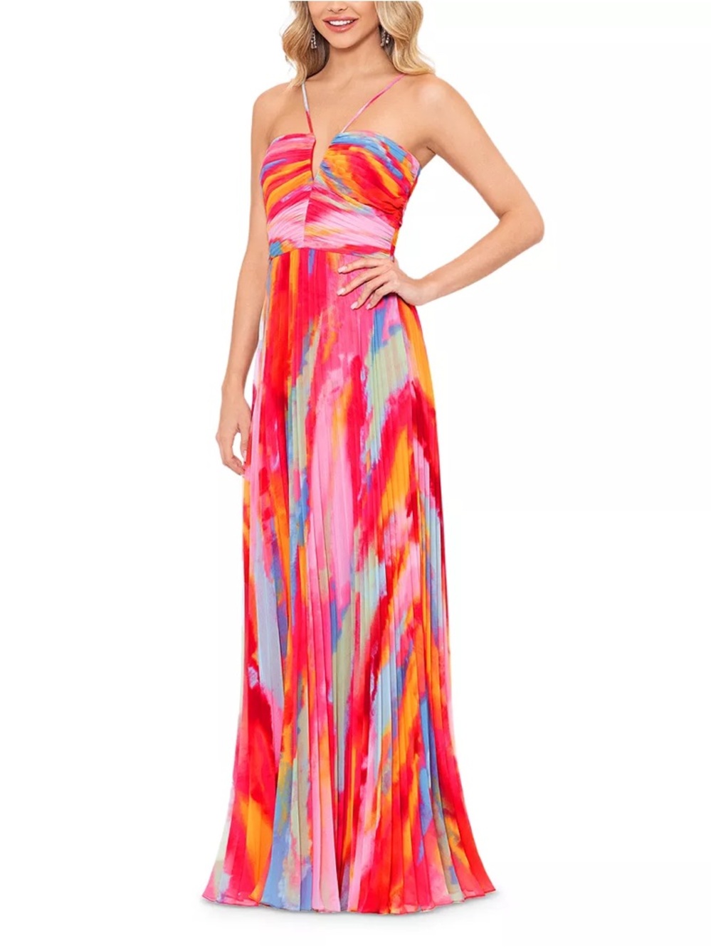 Aqua Multicolor Pleated Maxi Gown - Size 8